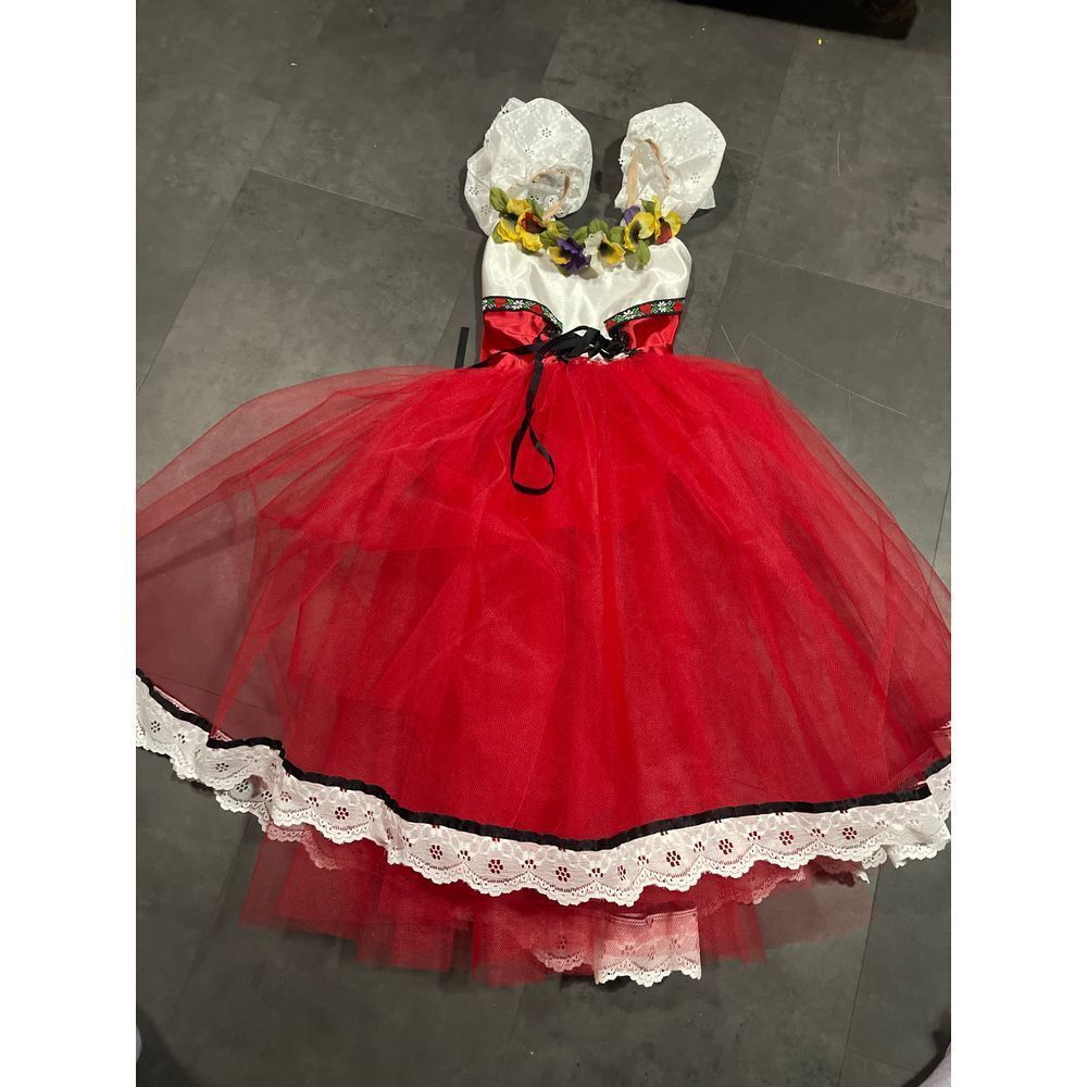 Vibrant Red Traditional Dirndl Dress with Floral Accents and Lace Trim H-724